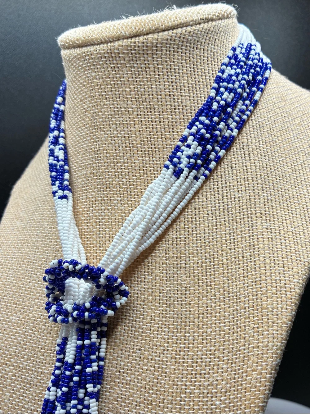 Vintage multi-Strand Handcrafted Blue & White Seed Bead Lariat Necklace